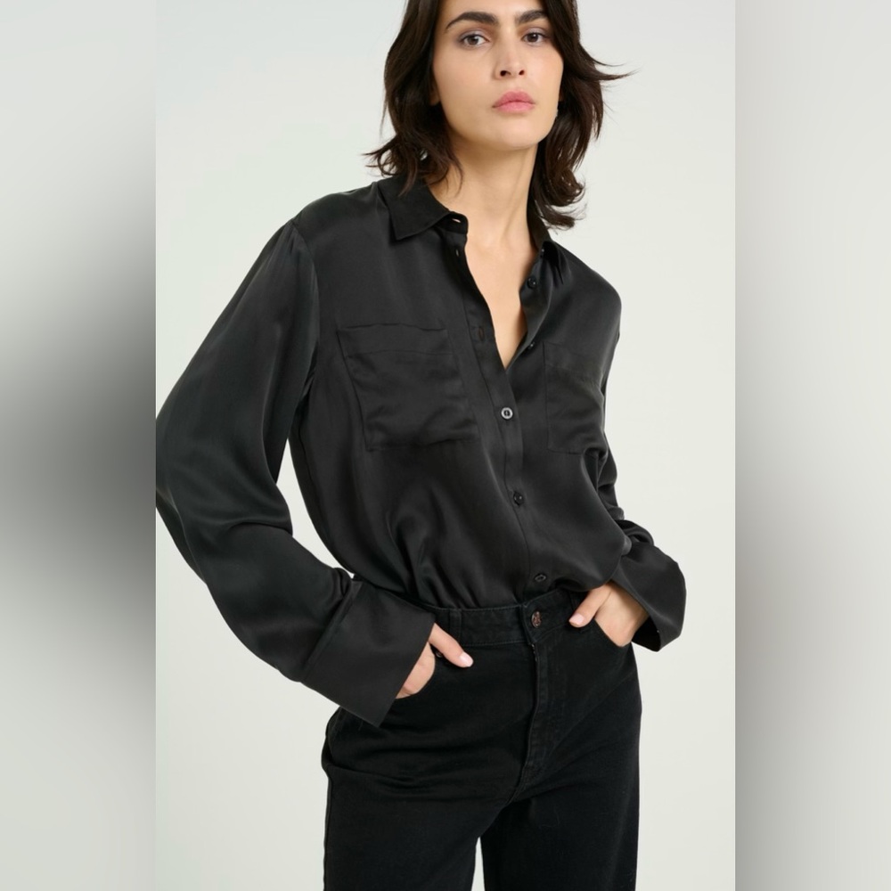 REVOLVE SKIN Cupro Linen Neiman Marcus Women's Black Button Up Shirt Top Blouse‎